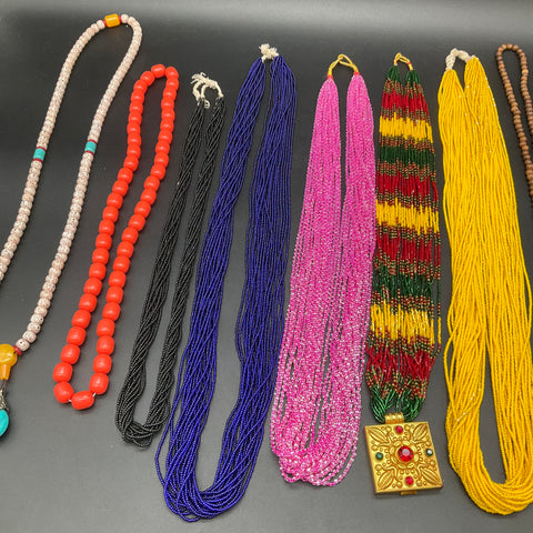 Vintage Boho Tribal Jewelry Lot 9 Mixed Necklaces Seed Bead Multi-Strand Pendant