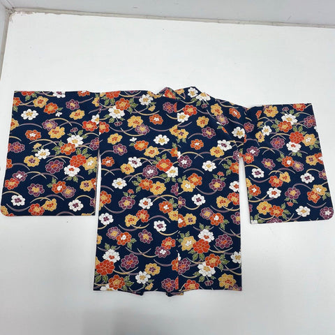 Vintage Japanese Navy Floral Print Haori Kimono Jacket Top Women's One Size