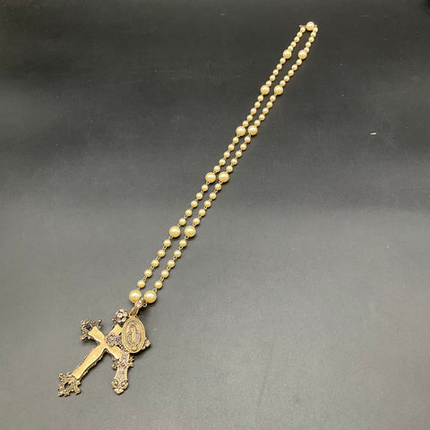 Victorian Style Faux Pearl Religious Cross Necklace & Two Stretch Bracelets Lot