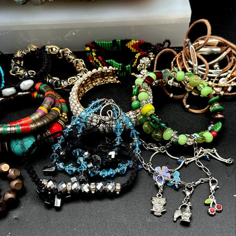 Vintage to Modern Costume Jewelry Lot 45+ Bracelets Bangles Beaded Boho Charms