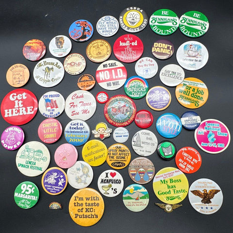 Vintage Pinback Button Lot Advertising Souvenir Holiday Approx 50 Pieces Mixed