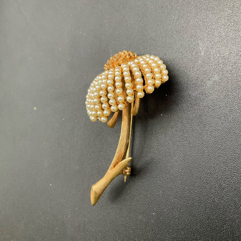 Vintage Coro Gold Tone Faux Pearl Floral Thistle Brooch Signed Mid-Century 2.5"