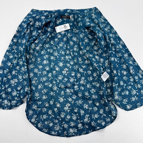 Lauren Ralph Lauren Women's Floral Linen Button Down Shirt Indigo Blue NWT Sz M