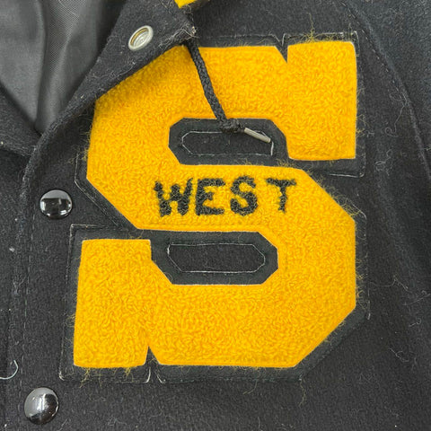 Vintage 80s Delong Wool Letterman Varsity Jacket Hooded Black Yellow '83 Sz 34