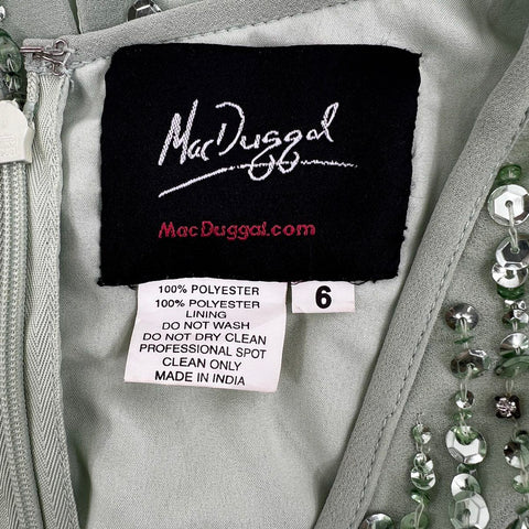 Mac Duggal Women's Sage Green Sequin Embellished Sleeveless V-Neck Dress Sz 6