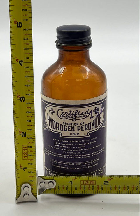 Vintage Certified Pharmacal Co Hydrogen Peroxide Amber Glass Bottle 4oz Empty