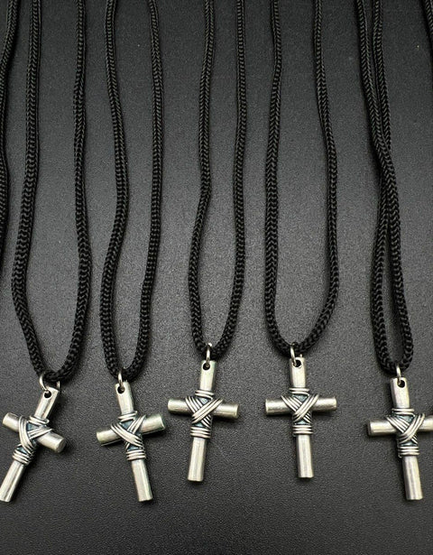 Silver Tone Wire Wrapped Cross Pendant Lot 16 Black Cord Necklaces Religious