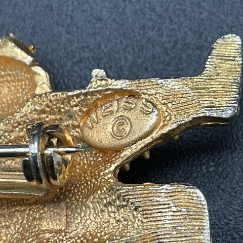 Vintage Signed Weiss Santa Claus Brooch Pin Gold Tone Rhinestone Christmas