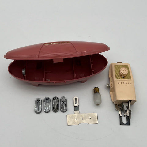 Singer Buttonholer Sewing Machine Attachment Set Pink Rocket Case Vintage