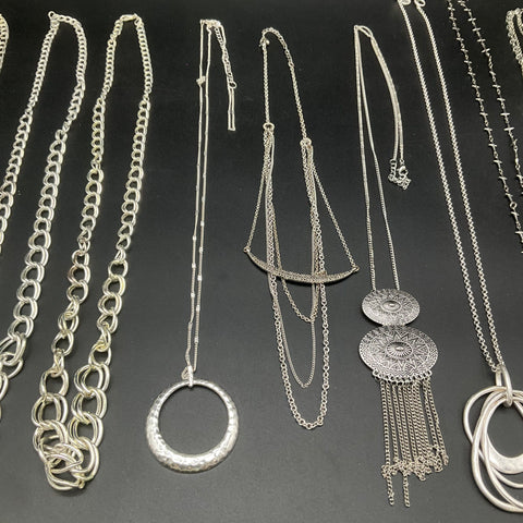 Silver Tone Fashion Jewelry Necklace Lot 9 Piece Cross Boho Chunky Link Pendants