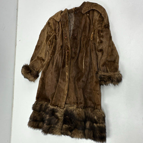Vintage Women's Brown Genuine Fur Long Coat Paisley Lining Fur Trimmed