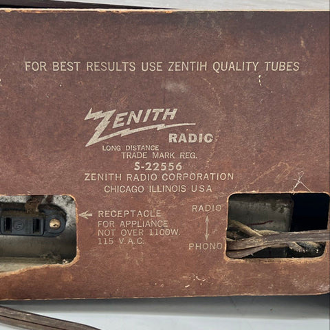 Vintage Zenith S-22556 AM Tube Radio Clock Tested Turns On Clock Runs