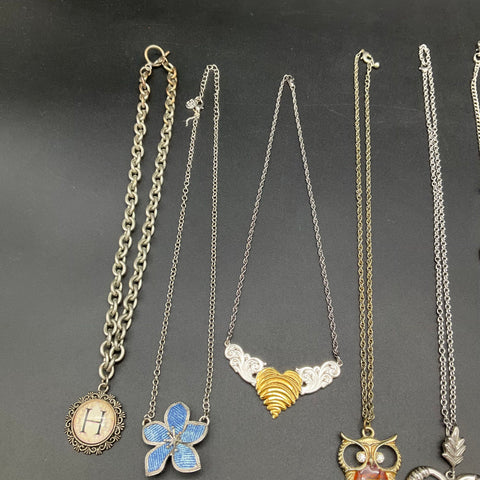 Mixed Costume Jewelry Lot 13 Necklaces Silver Gold Tone Owl Heart "H" Motif