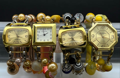 Narmi Beaded Bracelet Fashion Wristwatch Lot of 4 Gold Tone Japan Movement