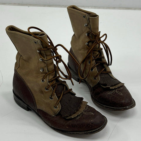 Vintage Justin L353 Two Tone Brown Leather Kiltie Roper Lacer Boots Womens 7.5B