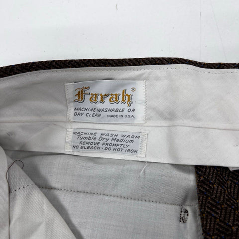 Vintage 70s Farah Men's Brown Herringbone Cuffed Trousers Made USA
