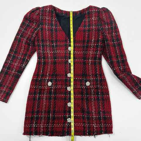 NBD Women's Red Black Plaid Tweed Crystal Button Blazer Jacket Sz M