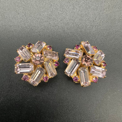 Vintage Gold Tone Purple Rhinestone Cluster Clip On Earrings Baguette Cut