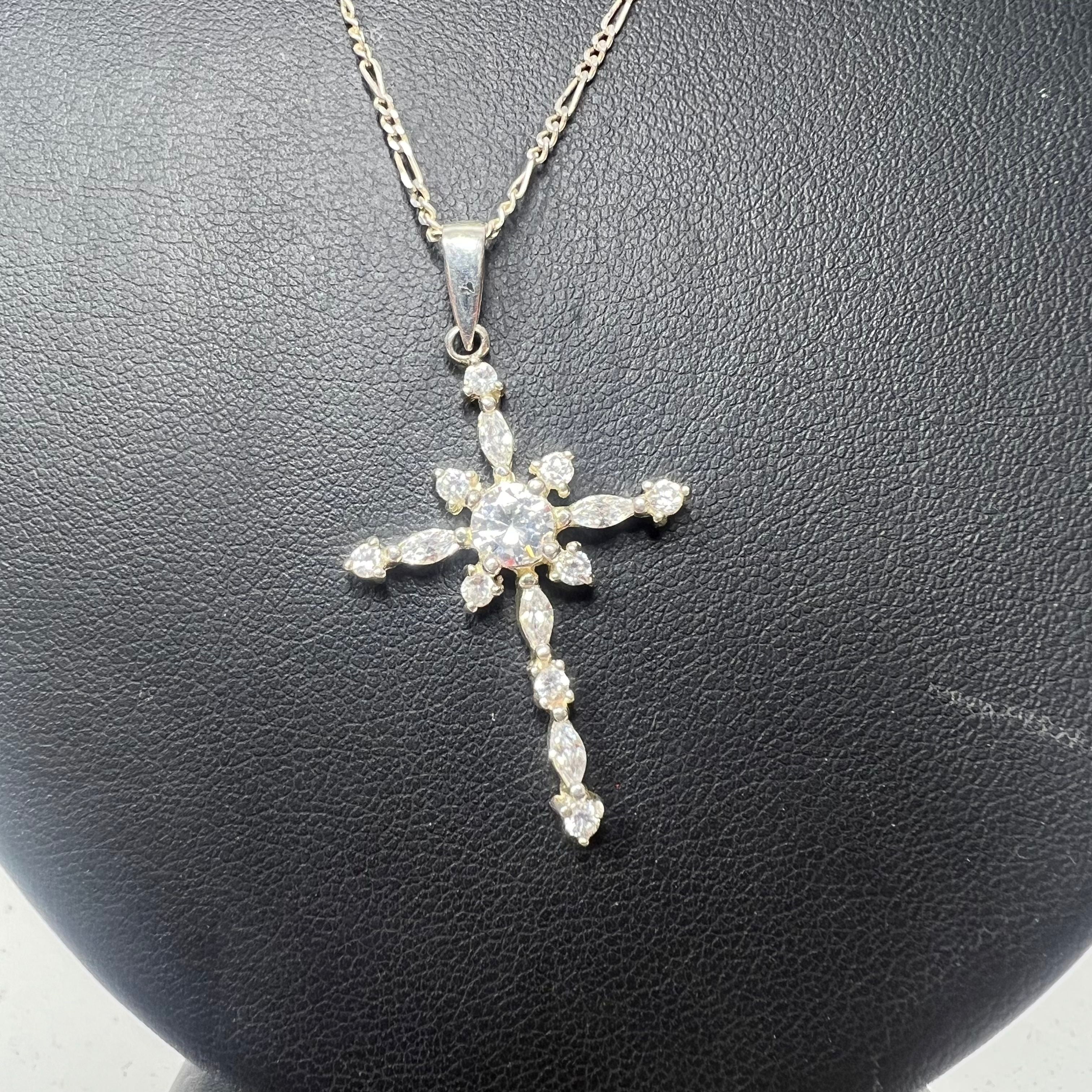 925 Sterling Silver Chain with Rhinestone Cross Sterling Pendant Necklace