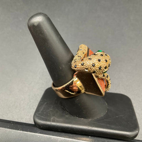 Gold Tone Snake Figural Cocktail Ring Size 9 Brown Glitter Stone Black Accents