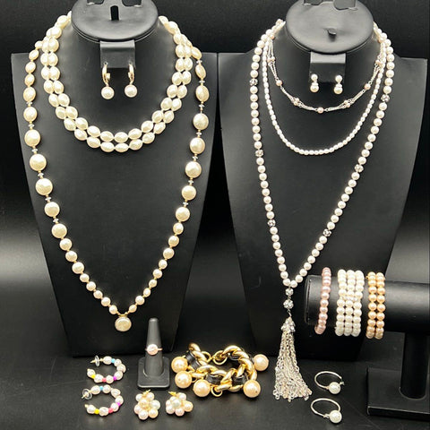 Vintage & Modern Faux Pearl Costume Jewelry Lot 15pc Necklace Bracelet Earring