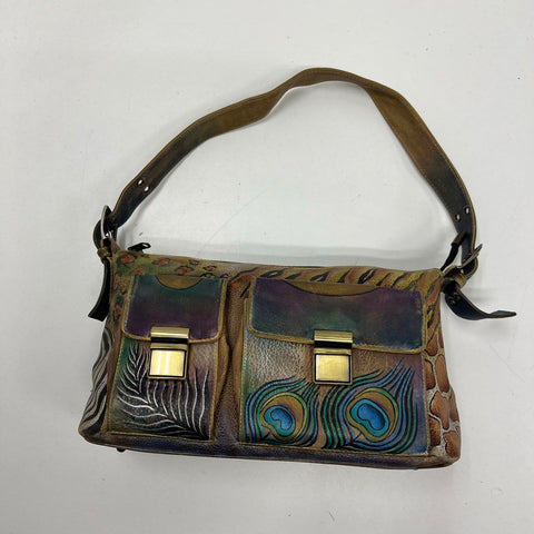 Anuschka Hand Painted Leather Shoulder Bag Peacock Animal Print Gold Hardware