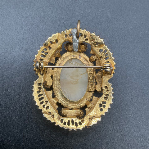 Vintage Florenza Carved Shell Cameo Faux Pearl Brooch Pendant Victorian Revival