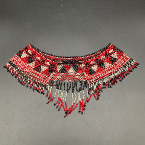 Hand Beaded Collar Necklace Seed Bead Geometric Fringe Red Black White 11 Inch
