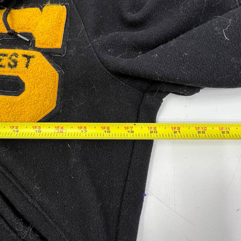 Vintage 80s Delong Wool Letterman Varsity Jacket Hooded Black Yellow '83 Sz 34