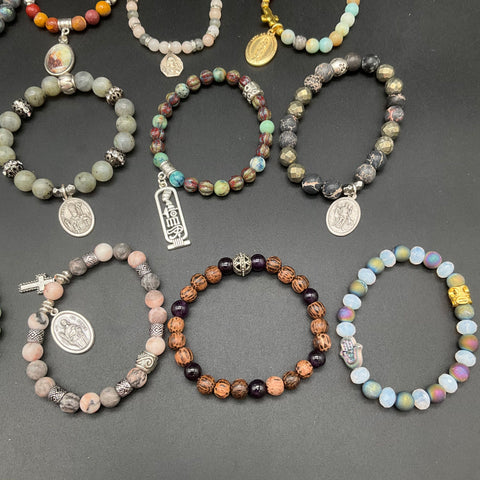 Religious Beaded Bracelet Lot of 20 Saint Medals Crosses Spiritual Stone Beads