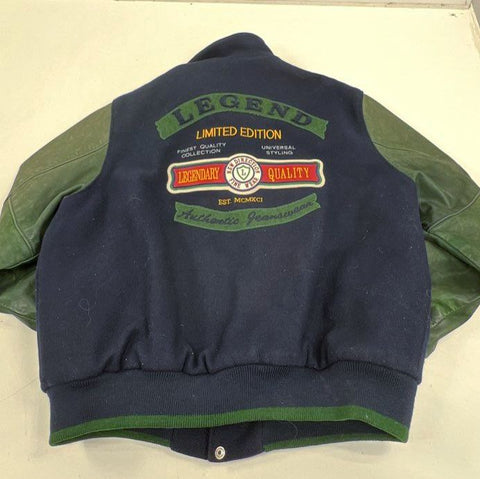 Vintage 90s Dehen Men's Blue Wool Leather Sleeve Varsity Jacket XL Embroidered