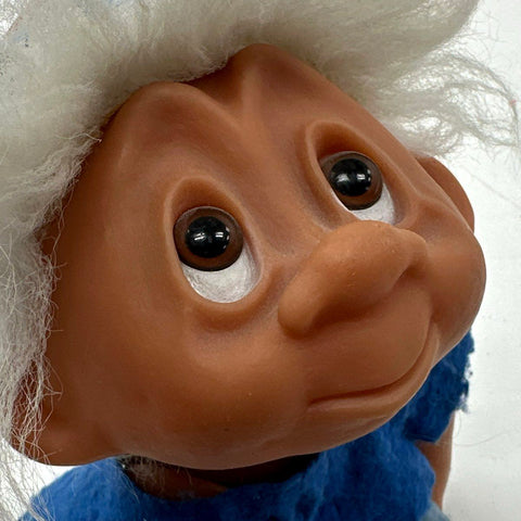 Vintage 1982 DAM Troll Doll Made in Denmark White Hair Blue Felt Outfit 8 Inch