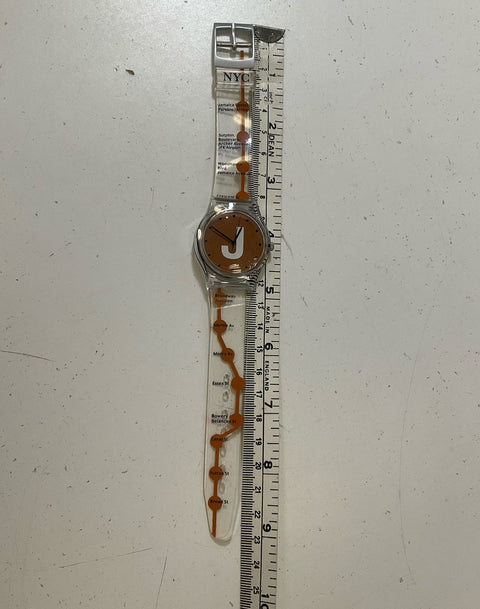 Vintage NYC Subway J Train Unisex Wristwatch Clear Plastic Band Orange Untested