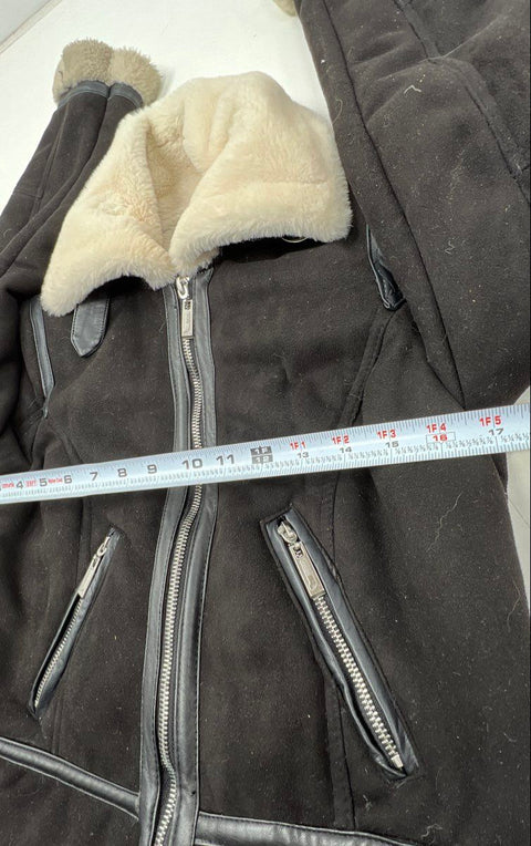 JouJou Women's Black Suede Faux Fur Trim Aviator Biker Zip Jacket Sz S