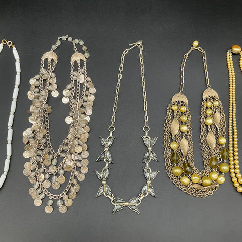 Vintage Costume Jewelry Lot 7 Necklaces Faux Pearl Beaded Coin Butterfly