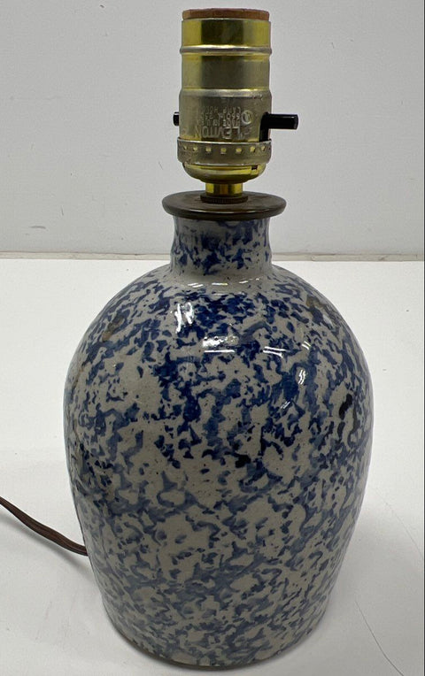 Vintage Spongeware Ceramic Table Lamp Blue and White Splatter Glaze 10 Inch