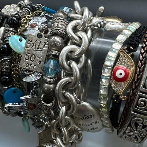 Eclectic Bracelet Jewelry Lot of 22 Beaded Cuff Charm Sterling Silver 925 Heart