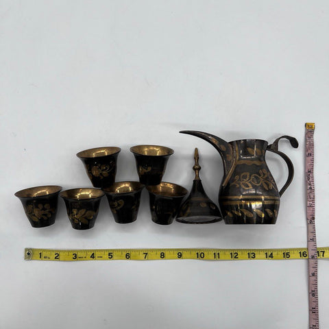 Vintage Brass Dallah Coffee Pot Set 6 Cups Etched Floral Middle Eastern Style