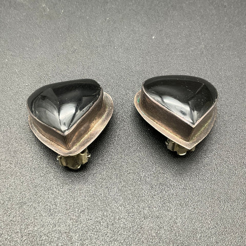 925 Mexican Sterling Silver Black Onyx Heart Clip On Earrings Taxco TS-79