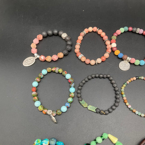 Religious Beaded Natural Stone Bracelet Lot of 19 Saint Medals Lava Rock Om