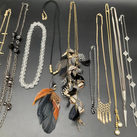 Vintage to Modern Costume Jewelry Lot 11 Necklaces Feather Faux Pearl Boho Style