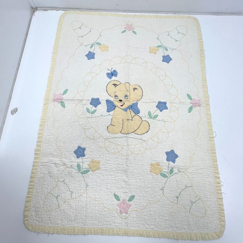 Vintage Handmade Applique Teddy Bear Floral Baby Crib Quilt Blanket 46" x 33"