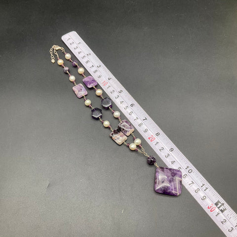 Sterling Silver 925 Amethyst & Pearl Artisan Handcrafted Necklace Purple 26"