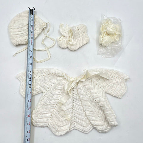Vintage Crochet Knit Baby Layette Set Sweater Bonnet Booties White Sz 0-3M