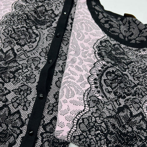 Basler Women's Pink Black Lace Print Cardigan & Top 2pc Twin Set Sz 46