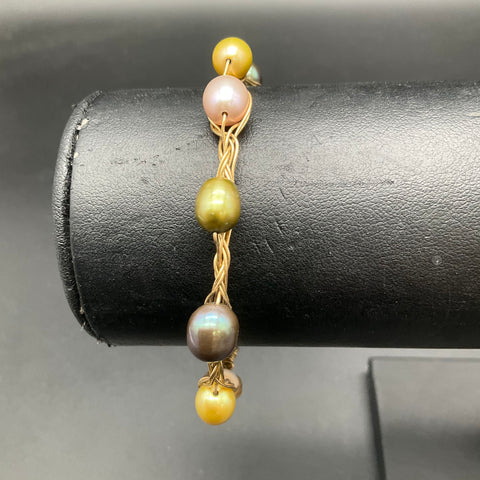 Kula Kala Gold Filled Multi-Color Pearl Wire Wrapped Braid Bracelet 7.25"