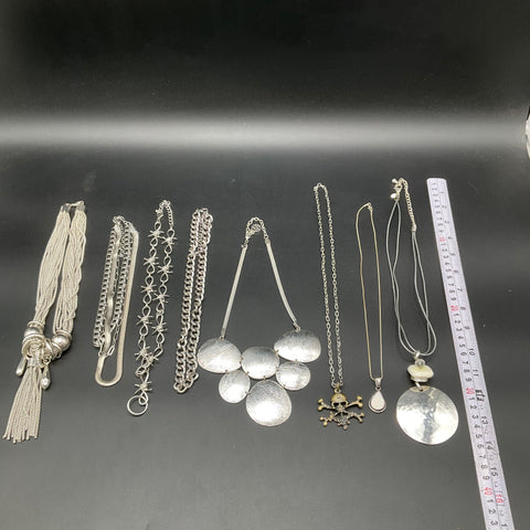 Silver Tone Gothic Jewelry Lot 8 Necklaces Skull Crossbones Barbed Wire Tassel
