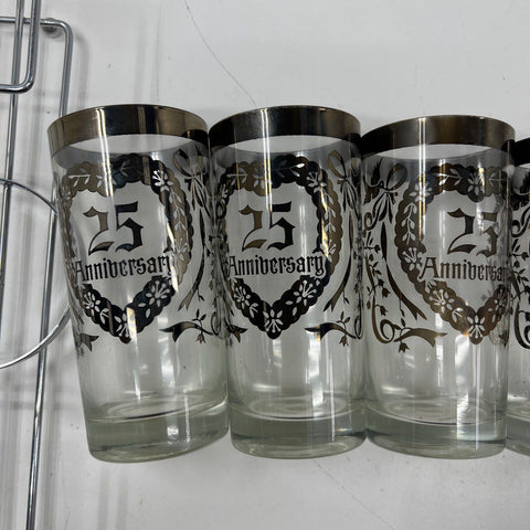 Vintage 25th Anniversary Glasses Set of 6 Silver Trim Tumblers With Wire Caddy