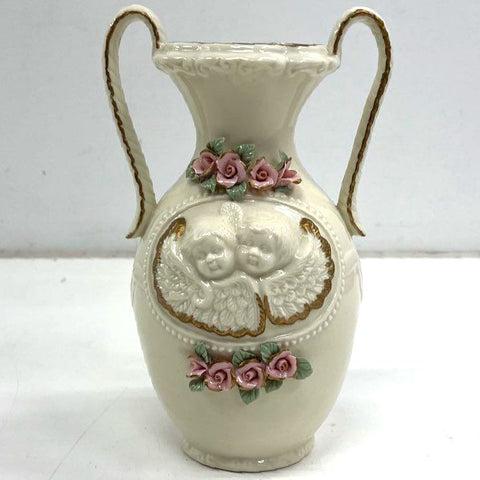 Vintage Cherub Angel Vase Ivory Gold Trim Applied Pink Roses 6" Ceramic
