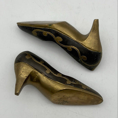 Vintage Brass Miniature High Heel Shoe Figurines Pair Ornate Floral Scroll